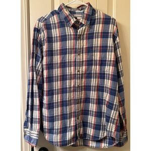 J. Crew Shirt Mens Large Red Blue Plaid Flannel Cotton Long Sleeve Casual Adult
